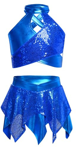 Oyolan Robe Danse Jazz Moderne Fille Enfant Ensemble Haut et Jupe Paillette Costume Hip-Hop Disco Robe Danse Latine Gymnastique Costume Spectacle Bleu 11-12 ans