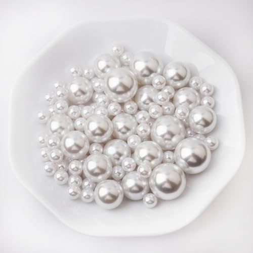 Yixuan Perlas Brillantes Elegantes, 120 Piezas 10mm/20mm/25mm Perlas de Plástico sin Agujeros Ideal para Relleno de Floreros, Manualidades DIY, Bodas, Decoración de Mesa y Hogar (Mezcla Blanca)