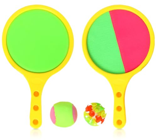 LGWJHCY 4PCS Toss and Catch Ball Set for Children, 2-in-1 Beach Tennis Softball and Catch Sports Play Set,Outdoors Garden & Beach Toy Game for Kids Presents Set 2 Strokes 2 Balls (Yellow)