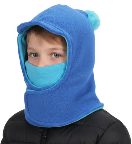 TAGVO Kids Thermal Balaclava Hat Unisex, Children Full Face Cover Hat Windproof Ski Mask Neck Warmer, Soft Snood Hood Hat with Pom Pom Warm Fleece Hat Winter Brim Cap for Boys Girls in Cold Weather