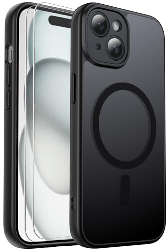 Ezanmull for iPhone 15 Case Magnetic Shockproof, Full Camera Protection, Fit for MagSafe, with Screen Protector X2, Translucent Anti-Fingerprint Case for iPhone 15 (Black)