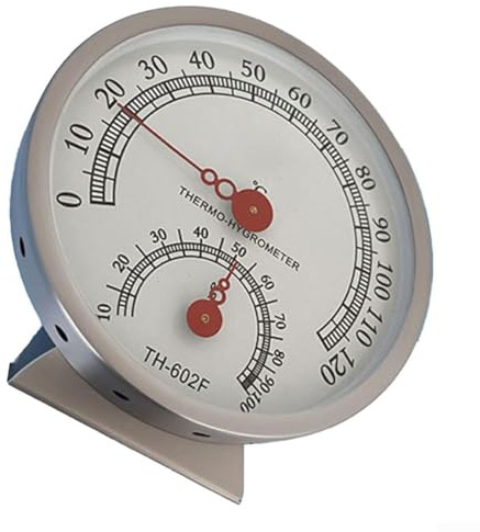 Medidor de temperatura y humedad en acero inoxidable para sauna y uso en interiores, con gancho transparente, ajustable y lecturas fiables de control de clima (1)