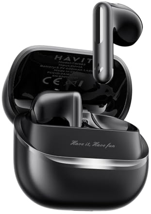 havit Écouteurs hybrides adaptatifs sans fil ANC, écouteurs Bluetooth de 15,2 cm, écouteurs stéréo sans fil IP54 basses 3D avec micro antibruit 6 ENC, écouteurs Bluetooth 40H