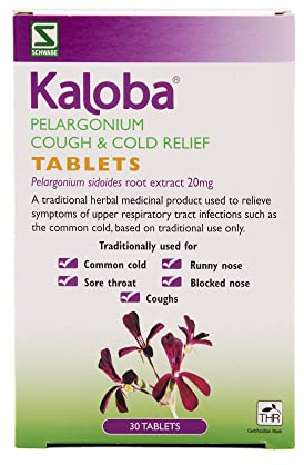 Schwabe Pharma - Kaloba Cough & Cold Relief Tablets - Pelargonium Sidoides Root Extract 20mg - Traditionally Used for Common Cold, Runny Nose, Sore Throat, Blocked Nose, Coughs - 30 Tablets