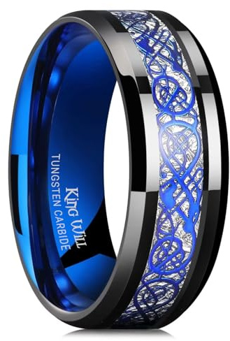 King Will Dragon - Anillo de carburo de tungsteno, diseño celta de dragón, azul y negro, de 8 mm, para hombre, para boda, pulido, de ajuste cómodo