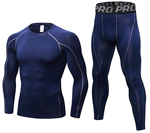 LANBAOSI Mens Workout Compression Set Pants and Long Sleeve Shirts Winter Warm Thermal Baselayer Top & Bottom Navy Blue