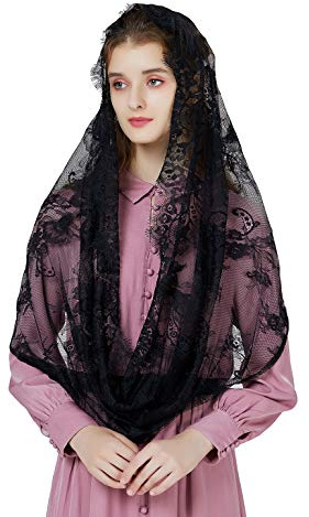 BEAUTELICATE Velo Negro Blanco Mantilla De Encaje Española Mujer para Iglesia Católica Misa Forma Infinta V101 （Negro）