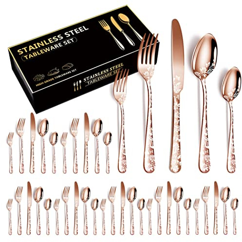 XIAOYU 40 Piece Silverware Set, Stainless Steel Flatware Set, Service for 8, Unique Pattern Design, Includes Dinner Knives/Forks/Spoons, Mirror Polished Cutlery Set, Rose Gold