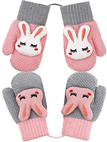 Smilcloud 2 Pairs Kids Knitted Gloves Plush Lining Mittens Winter Warm Mittens Full Finger Gloves with String for 1-3 Years Old Boys Girls