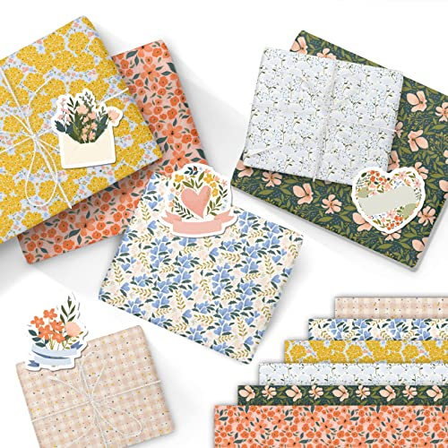 Papierdrachen Lot de 6 feuilles de papier cadeau pour la fête des mères - 60 x 40 cm - 6 designs différents - Avec cordon en coton de 5 m - Valentine Floral - Lot 02