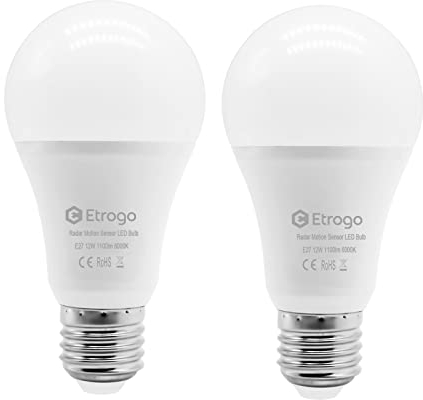 Etrogo LED Birne Bewegungsmelder E27 12 W1100M Warmweiß 3000K mit Radar Bewegungsmelder und Dämmerungssensor Automatisches EIN/AUS (2-Stück)