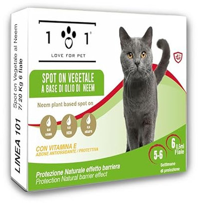 Spot on Naturale Gatti - 6 Fiale da 0,5ml - Contro Pulci, Zecche, Zanzare – Facile Applicazione – Lunga Durata – Protezione Naturale e Vegetale per Gattini – Linea 101