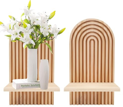 Tefola 2 Pcs Bohemian Wooden Wall Shelves, Arched Striped Wood Panels with Floating Shelves, Boho Wooden Decor Wall Shelf for Pots Books Candles Photos, Nursery Bedroom Kitchen Office (Nature 1 Tier)
