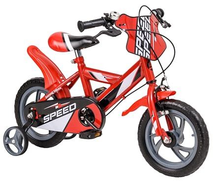 Baroni Toys Bicicletta Rossa Bambino con Ruote Tassellate, Campanello, Scudo Decorativo e Rotelle Incluse, Bici Sportiva da Bambini in Acciaio, Bicicletta per Bambini dai 4 a 7 anni, Misura 14