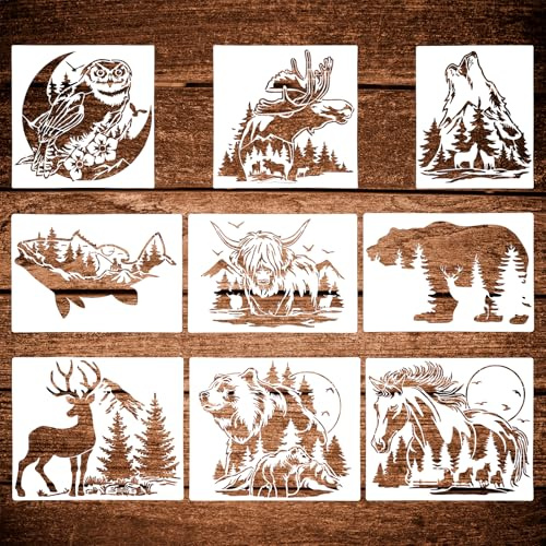 9 Pack Animal Wood Burning Stencils - Deer, Bear, Horse, Moose, Owl, Fish, Wolf, Fence, Spray Painting & Drawing Templates for Wood & Fabric DIY Crafts