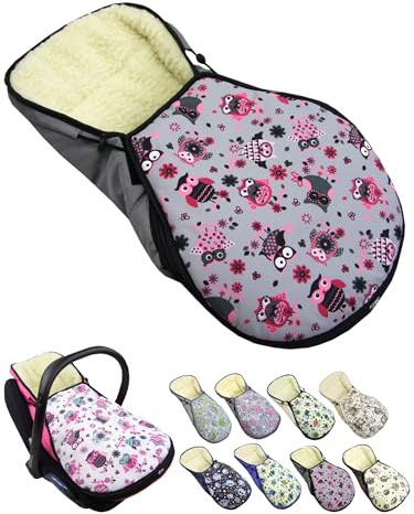 Fotsäck för babystol [vinteråkpåse] för barnbilstol kompatibel med Maxi Cosi babyskålar grupp 0 lammull sittdyna justerbar (uggla 12)