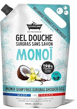 Recharge Gel Douche Monoï 900ml Les Petits Bains de Provence - Gel Douche surgras sans savon, +98% ingrédients naturels, pour mains, corps et cheveux, recyclable