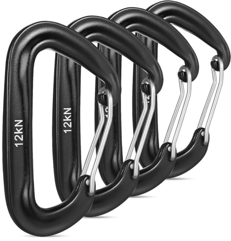 Happyyami Lot de 4 mousquetons en alliage d'aluminium 12 Kn en forme de D pour camping, escalade, équipement d'extérieur légers et robustes pour tentes et randonnées