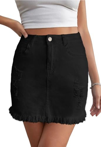 Alaster Queen Falda vaquera corta para mujer, falda vaquera, minifalda para mujer, cintura elástica, falda de verano, falda envolvente con bolsillos, Negro , XL