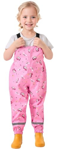 Vckrio Rain Pants Girl Waterproof Overtrousers Dungarees Kid Pink Rainbow Print Mud Trousers with Suspender Reflective Strip Lightweight Quick Dry Portable School Outdoor Overpants for Child 3-4 Years