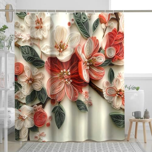 DESIHOM Paper Quilling Art Apples Blossoms Shower Curtain Set 72 W x 78 L, 3D Flower Bathroom Decor, Modern Floral Printed Fabric Bath Accessories