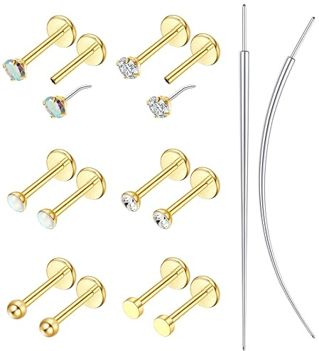 Morfetto 16G Flat Back Earrings Stud - Hypoallergenic Gold Silver Studs Earrings for Women - Surgical Steel Labret Cartilage Tragus Helix Piercing Jewelry - Threadless Nose Stud for Women Men Gold