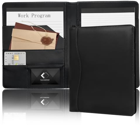 Portfolio A5 Conference Folder, Soft Leather Padfolio 5 x 8 Mini Business Binder Legal Writing Note Pad Junior Size Document Organizer for Present Gift Kid Men Women Black