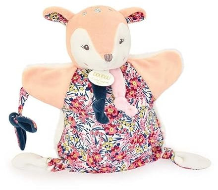 Doudou et Compagnie – BOH’Aime Faon Doudou Marionnette – Peluche Douce en Forme de Faon – Design Fleuri – Idéal pour Jeux d’Éveil & Interactions – Dès la Naissance - DC4225
