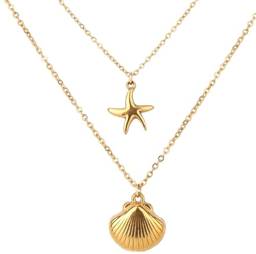 Mikovivi 2pcs Pendant Necklace for Women, Charming Shell Starfish Necklace Non-Changing Color Seashell Adjustable Stacking Pendant Jewelry Beach Decoration for Summer Vacation