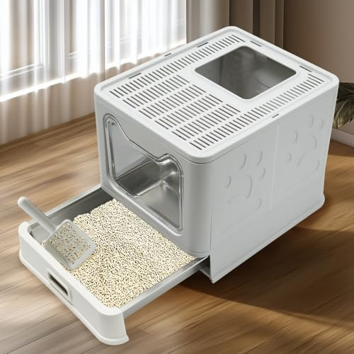 BingoPaw Arenero Gatos Cubierto Grande, 48.5x38.3x38.5cm Arenero Gato con Cajon de Acero Inoxidable Bandeja Extraíble Caixa de Areia para Gatos Plegable Cerrado sin Olor con Pala, Gris