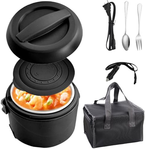 Behogan Fiambrera eléctrica: 1200 ml, termo para comida, calentador de comida, para coche, con enchufe, caja interior de acero inoxidable, caja interior de acero inoxidable, portátil, para coche
