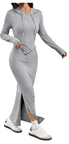 Verdusa Women's Split Hoodie Dress Basic Long Sleeve Bodycon Maxi Dresses Spring Fall Clothes Grey Medium