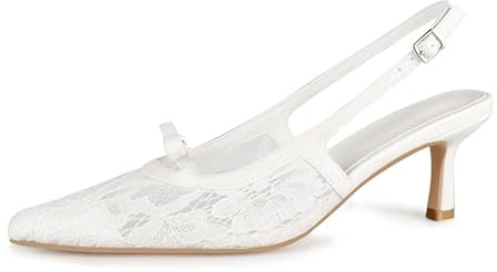 MAVMAX Slingback Mesh Lace Heels for Women Kitten Heels Pumps with Buckle Bow Tie Pointed Close Toe Dress Casual Office Party Shoes,Mesh White,US8