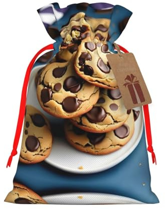 Chocolate Chips Biscuits print Christmas bag, drawstring sack - fit holiday present packaging for family and friends