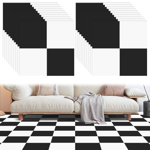 20 stycken PVC-golvbeläggning självhäftande, 30 x 30 cm, vinylgolvklistrare, svart vitt schackbrädesmönster, vattentät & halkfri självhäftande golvplatta för kök, badrum, vardagsrum