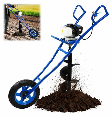 HUOMMGS Ahoyadora Gasolina 2 Tiempos Motor 52CC 1,46KW Empuje Manual Ahoyador con 300mm Broca, Ruedas Profesional Barrena para Tierra Compactadora De Tierra para Huerto (Azul)
