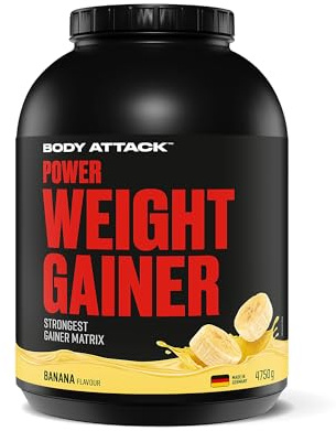 Body Attack Weight Gainer - Banana - 4,75 kg - Dein Mass Gainer für Masseaufbau & Muskelaufbau - Mit Whey Protein, BCAA und Kohlenhydraten - Dein fettarmer Masse Shake für hochwertige Kalorien