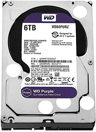 Western Digital Purple 6TB Surveillance 3.5 Inch SATA 6 Gb/s Hard Disk Drive with Allframe 4K Technology - 180TB/yr, 64MB Cache, 5400rpm - WD60PURZ