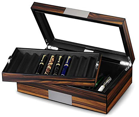 Lifomenz Co Pen Display Box Ebony Wood Pen Display Case,Fountain Pen Storage Box,20 Pen Organizer Box with Glass Window Pen Collection Box with Tray