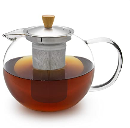 GLASWERK - Tetera Cristal con Infusor Té (1,3L), Tetera con Filtro de Acero Inoxidable, Infusionador de Té con Tapa y Botón de Madera Noble, Teteras para Té de Vidrio