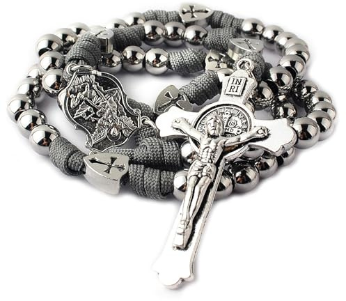 HanlinCC Collar de rosario grande y pesado de acero inoxidable resistente y duradero para hombre con pieza central de San Miguel y crucifijo de San Benito, 55 cm, Acero inoxidable, Acero inoxidable