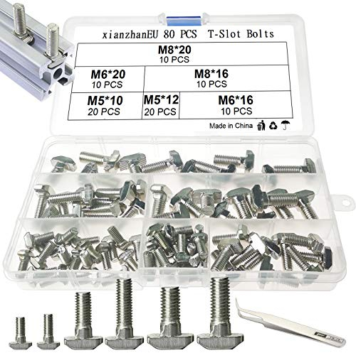 xianzhanEU 80 PCS M5/M6/M8 Boulon en T,Acier au Carbone Vis en T Série 20/30/40 Standard Européenne pour Profil en Aluminium,avec 1 × Brucelles + 1 × Box(6 Modèles)