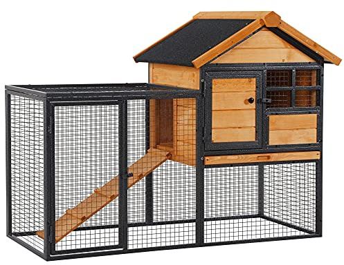 PawHut Rabbit Hutch Guinea Pig Hutch Wood-metal Elevated Guinea Pig House Pet Bunny Cage for Outdoor 122 x 63 x 92cm Light Yellow
