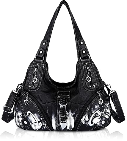 Angel Kiss Damen Schultertasche Hobo Tasche Umhängetaschen Schlusstaschen Henkeltaschen weiches PU Leder mit Reißver Handtasche Viele Fächer tolle für Frauen Schwarz