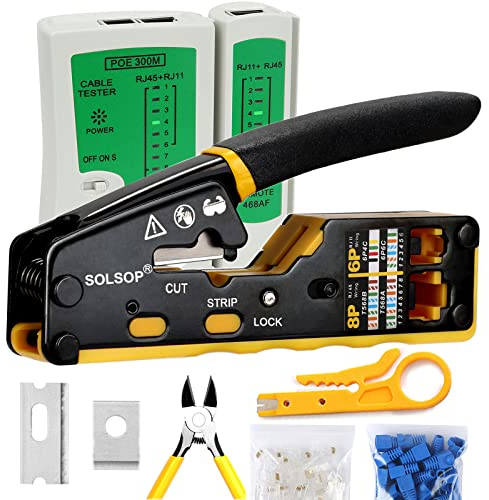 Solsop Pass Through RJ45 Crimp Tool Kit Ethernet Crimper CAT5 Cat5e Cat6 Crimping Tool Kit