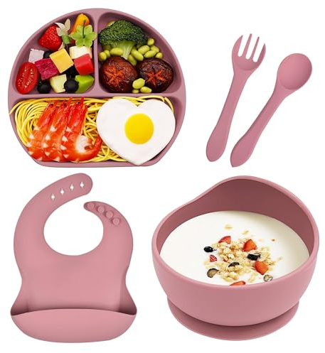 Hoseay Set Pappa Svezzamento Bambini 5 Pezzi Silicone per Bimba - Piatto con Ventosa, Ciotola, Bavaglino, Cucchiaio, Forchetta - Senza BPA, Antiscivolo per Neonati Bambina, Rosa