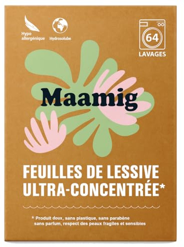 MAAMIG Feuilles de Lessive (64 Lavages) – Sans Parfum et Douces pour Peaux Sensibles – Format Compact Idéal pour Bébés, Familles et Voyages – Alternative Pratique à la Lessive Liquide