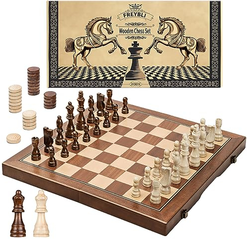 FREYBLI Schachbrett Magnetisch, Einklappbar Schachspiel, Handgefertigtes Schachfigurenset mit Tragbarem Aufbewahrungsbrett für Kinder und Erwachsene, 15x15 in (2 in 1)