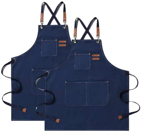 Tablier de cuisine en toile (2 pièces), tablier de travail avec 3 poches, sangle réglable, imperméable professionnel pour homme femme, coiffeur, cuisine, jardinier, gris, 120