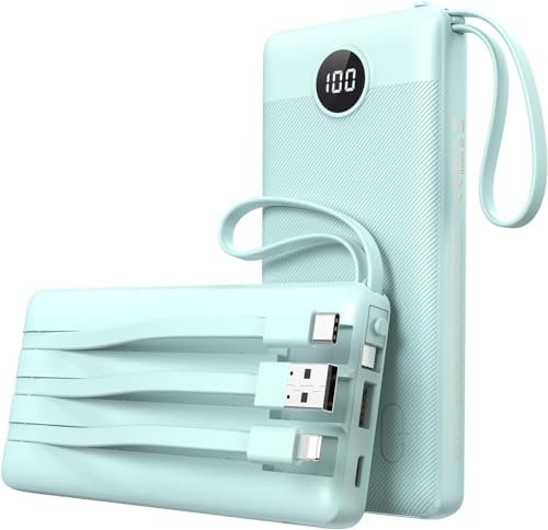 VEEKTOMX Power Bank 10 000 mAh powerbank med inbyggda kablar, bärbar laddare USB C 2,4 A snabbladdning, bärbar laddare med 5 utgångar och LED-skärm för iPhone 15 pro/iPad/Galaxy S22/Xiaomi och mer